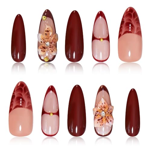 Handmade Stiletto Press on Nails Long Burgundy Glossy Gel Nails with 3D Flower Rhinestone Design, Reusable Stick on Fake Nails for Women (Size M) - color: 02, size: Medium