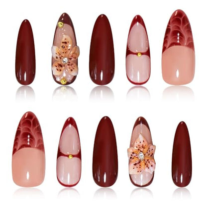 Handmade Stiletto Press on Nails Long Burgundy Glossy Gel Nails with 3D Flower Rhinestone Design, Reusable Stick on Fake Nails for Women (Size M) - color: 02, size: Medium