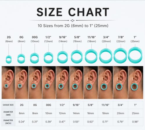 Oyaface 20 PCS Piercing Tunnel Set Soft/Hard Silicone Flesh Ear Plugs 2g-25mm Flexible Ear Stretching Gauge Expander - color: Turquoise(thin)