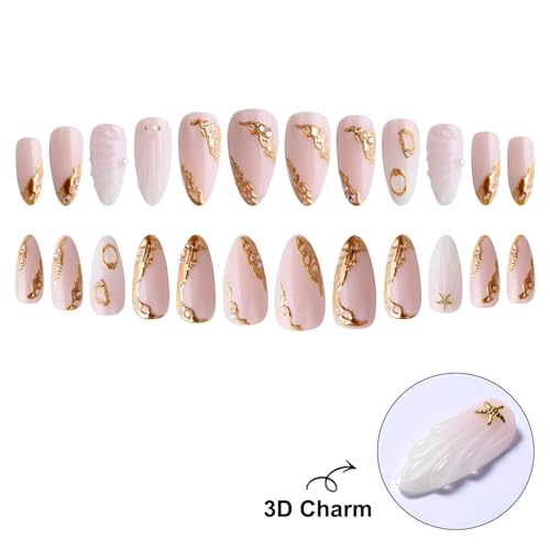 Almond Press on Nails Short Nude Fake Nail Golden Embossed Acrylic Nail Press ons Water Drop Stick on Nail for Women 24pcs - color: Color23