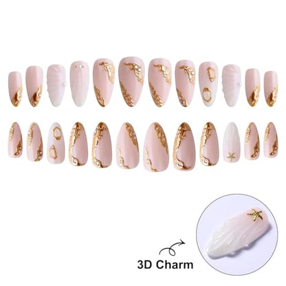 Almond Press on Nails Short Nude Fake Nail Golden Embossed Acrylic Nail Press ons Water Drop Stick on Nail for Women 24pcs - color: Color23