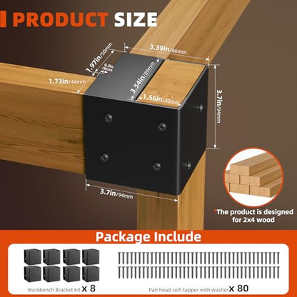 Workbench Bracket Kits - Workbench and Shelving Hardware Kit - Heavy Duty Steel Workbench Corner Bracket - DIY Workbench Kit - 8 Pcs & 80 Screws - Fits 2x4 Wood (Actual 1.5"x3.5")