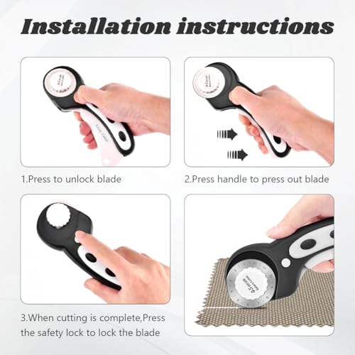 45mm Rotary Cutter for Fabric with 10pcs Replacement Blade, Rolling Fabric Cutter Crochet Edge Skip Stitch Blade for Quilting Crafts Sewing(COLOR:black)