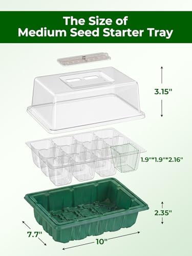 Seed Starter Tray 3 Pack with Heating Mat & 24 Full Spectrum LEDs Grow Light – Auto Cycle Timer, Humidity Dome Ventilation Cover, Drainage Holes, Includes Gardening Tools – Green Version - color: Green×3