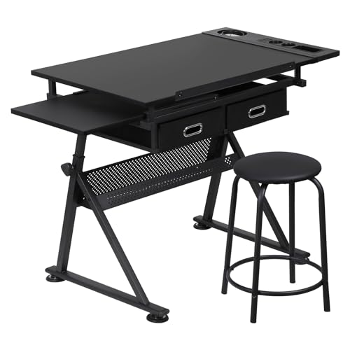 ZENY Adjustable Drafting Table with Stool Tilting Drawing Desk Artist Table - color: Black