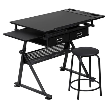 ZENY Adjustable Drafting Table with Stool Tilting Drawing Desk Artist Table - color: Black