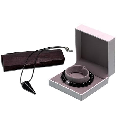 Black Obsidian Pendant & Bracelet Set - color: Black