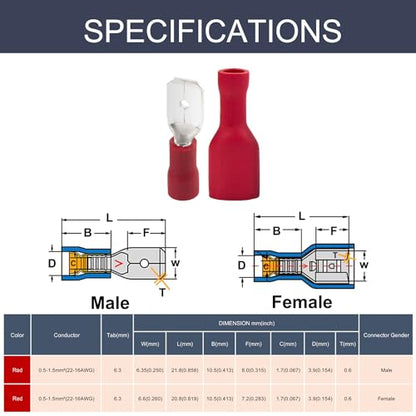 Chanzon 100pcs 1/4" Male & Female Spade Connector Semi-Insulated PVC Red - size: 6.3mm Male & Female Spade, style: 22-16AWG