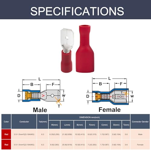 Chanzon 100pcs 1/4" Male & Female Spade Connector Semi-Insulated PVC Red - size: 6.3mm Male & Female Spade, style: 22-16AWG