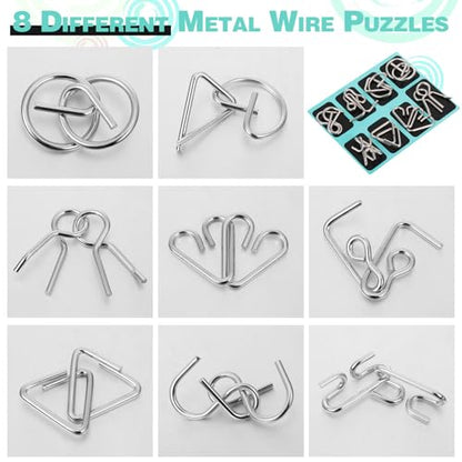 8 Pack Brain Teaser Puzzles Metal Wire Ring with Pouch, B Style - style: B Style