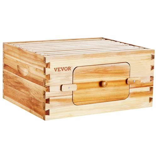 VEVOR 10 Frame Deep Brood Bee Hive Box, Bee Box Dipped in 100% Beeswax, Langstroth Beehive Kit with 10 Frames and Foundations Sheets and Transparent Acrylic Windows for Beekeeping Supplement - size: Deep Brood Box