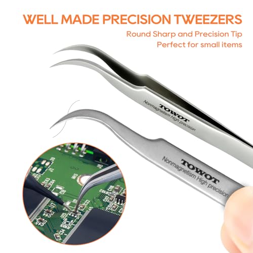 TOWOT Precision Tweezers, Stainless Steel Eagle Beak Tweezers for Craft, Electronics, Soldering, Experimental Work, Jewelry-Making, Non-Magnetic Curved Tweezers - size: 116mm