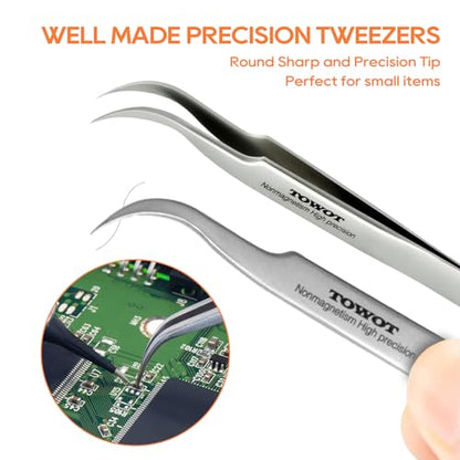 TOWOT Precision Tweezers, 5 PCS Stainless Steel, Non-Magnetic, Heat Resistant, Curved, Jewelry, Electronics, Craft, Soldering, Experimental Work - size: 140mm,135mm,120mm,110mm,116mm