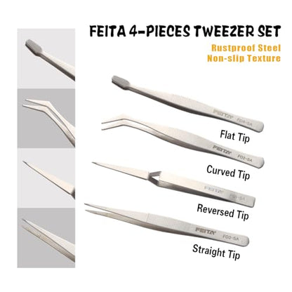 FEITA Professional Craft Tweezers Stainless Steel Precision Tweezer Set for Hobby, Electronics, Model Making, Jewelry Picking Tool - 4 Pieces - style: Normal
