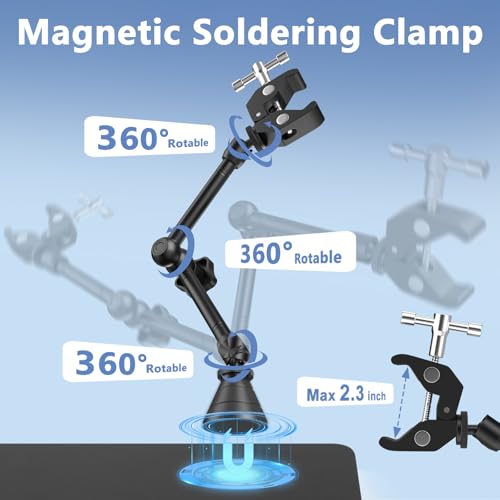 Drdefi Magnetic Helping Hands Soldering Station 12X Magnifying Lamp Third Hand Jewelry Tool, 360° Hot Air Gun Holder, Hands Free Magnifier Weighted Base with 4 Magnetic Pillar for Electronic Hobby - size: Large Base+Soldering Clamp