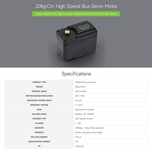 Waveshare 20kg.Cm Bus Servo Motor, 106PRM High Speed, Large Torque, with 360 Degrees High Precision Magnetic Encoder, Two-Way Feedback, Servo/Motor Mode Switchable