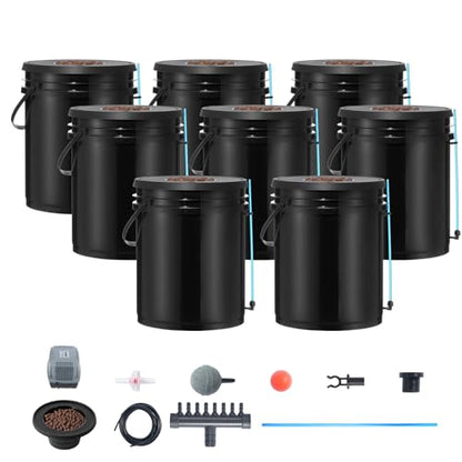 VEVOR DWC Hydroponic System, 5 Gallon 8 Buckets, Deep Water Culture Growing Bucket, Hydroponics Grow Kit with Pump, Air Stone and Water Level Device, for Indoor/Outdoor Leafy Vegetables - style: 8 Buckets