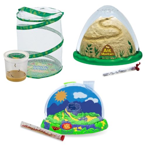 Insect Lore Bug Camp Bundle - Butterfly Kit with 5 Live Caterpillars, Ladybug Land with 1 Tube Live Larvae, Ant Mountain with 1 Tube Live Western Harvester Ants - Bonus Life Cycle Figurines & More