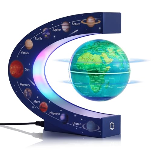 Magnetic Levitation Floating Rotating 3in Globe With Colored Lamp For Men Boss Cool Office Decor Gifts Or Kids Desk Toys,Nine planetary solar systems astronomy educational cosmic earth globe - color: Blue Light-Up Color-Changing (9 Planets)
