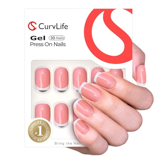 CurvLife Short Square French Tip Press On Nails, Blush Pink, Soft Gel - color: Frencn Beige Pink