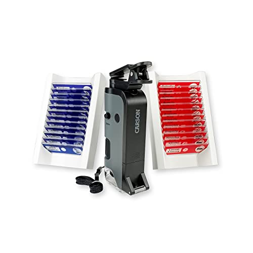 Carson MicroFlip 100x-250x LED and UV Lighted Pocket Microscope with Flip Down Slide Base and Adapter with CarsonCam Phone App - Bundle Included with 24 Prepared Insect and Animal Slides (MP-250BUN) - style: Microscope + Slides