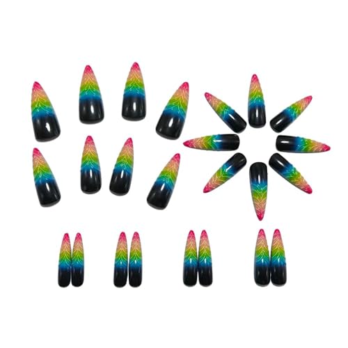 Stiletto Press on Nails Long Gradient Fake NailWith 3D Charm Design Acrylic Nail Press ons Stick on Nails for Women 24pcs - color: Color12
