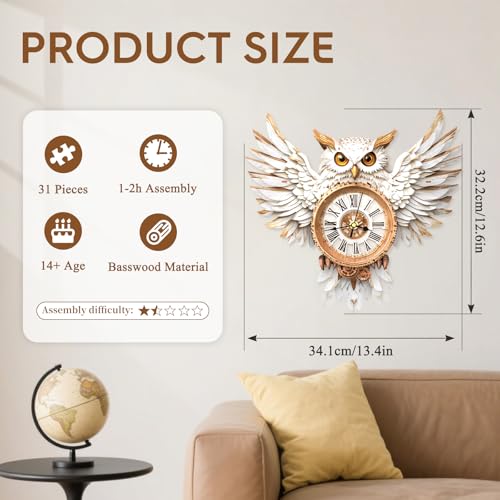 3D Puzzles for Adults Wooden Snowy Owl Clock Puzzle Adult Crafts - color: Snowy Owl Clock