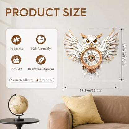 3D Puzzles for Adults Wooden Snowy Owl Clock Puzzle Adult Crafts - color: Snowy Owl Clock
