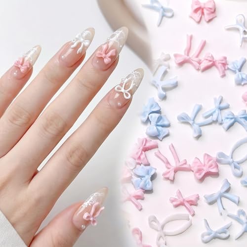 YOJO 3D Bow Nail Charms, Mixed Resin Ribbon Designs, 300pcs Pink White Blue Coquette Aesthetic Charms for Acrylic Nails DIY Crafts - color: Pink,White&Blue