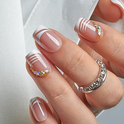 CurvLife Short Square French Tip Press On Nails, Crystal White, Soft Gel - color: French White Rhinestones