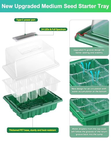 3-Pack Seed Starter Trays with Heat Mat, Seed Starter Kit with Grow Lights, 36 Large Cells Seed Germination Kit with Adjustable Humidity Vents for Indoor Plants Seeds Starting, Ideal Gardening Gifts - size: M×3 with Heat Mat