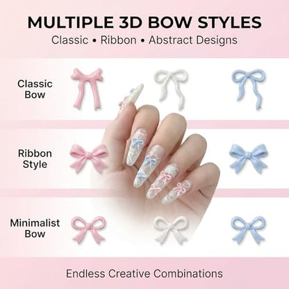 YOJO 3D Bow Nail Charms, Mixed Resin Ribbon Designs, 300pcs Pink White Blue Coquette Aesthetic Charms for Acrylic Nails DIY Crafts - color: Pink,White&Blue