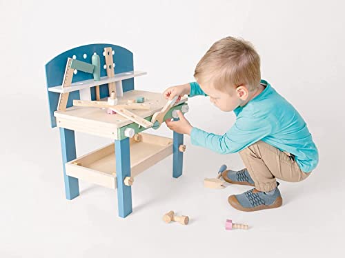 Compact Wooden Workbench by Small Foot –Tool Bench Set in Nordic Theme – 21+ Piece Playset Includes Hammer, Saw, Screwdriver, Nails, Screws and Measuring Stick – Improves Motor Skills – Ages 3+ Years