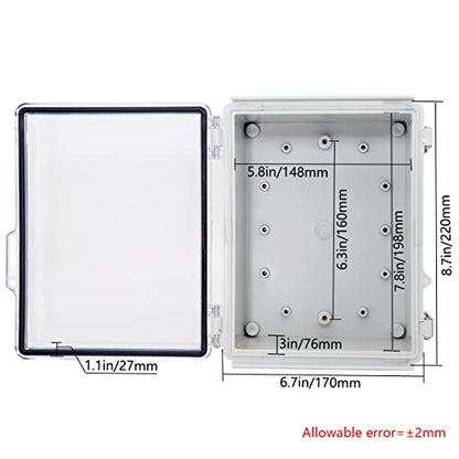 Zulkit Junction Box ABS Plastic Dustproof Waterproof IP67 Electrical Boxes Hinged Shell Outdoor Universal Project Enclosure Grey Clear Cover, Stainless Steel Buckles 8.7 x 6.7 x 4.3 Inch - size: 8.7"x6.7"x4.3" TC k