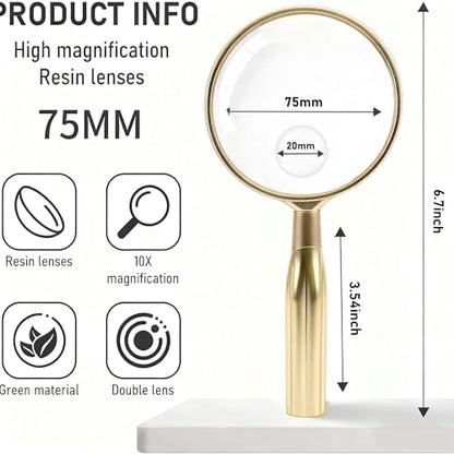 Lakei 10X Reading Magnifying Glass, 75mm Lens, Non-Slip Handle(Gold) - color: Gold, size: 75mm