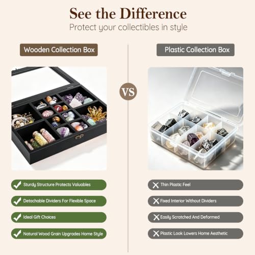 Adjustable Rock Collection Box, Wood Crystal Display Case for Gemstone - color: Black