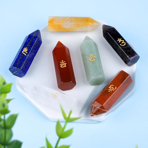 TGS Gems 7pcs Chakra Tower Crystal Stones Natural Reiki Healing Crystals Gemstones with Engraved Chakra Symbol Chakra Stone Kit for Meditation Crystal - color: Ckl-ljz