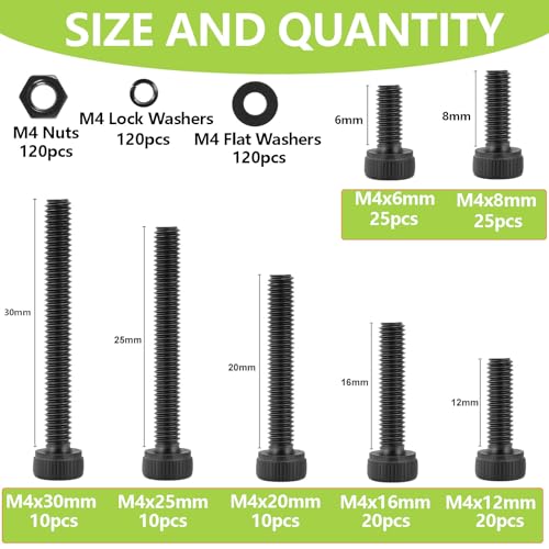 480Pcs M4 Screws,M4x6/8/12/16/20/25/30 mm Screw kit,Hex Socket Head Cap Bolts,12.9 Grade Black Zinc Plated for 3D Printer - size: M4x6/8/12/16/20/25/30mm
