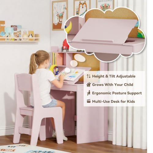 FTZxHKLX Kids Study Desk and Chair Set with 0-105° Tiltable Desktop, Pink - color: Pink, size: with Lift Up Hinge