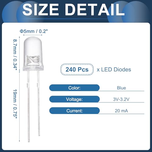 MECCANIXITY 240Pcs 5mm LED Diodes, Light Emitting Diodes, Bulb Lamp Electronic Project Kit for Science Project Circuit Board(Blue Light, Transparent Lens) - color: Blue Light, size: 5mm
