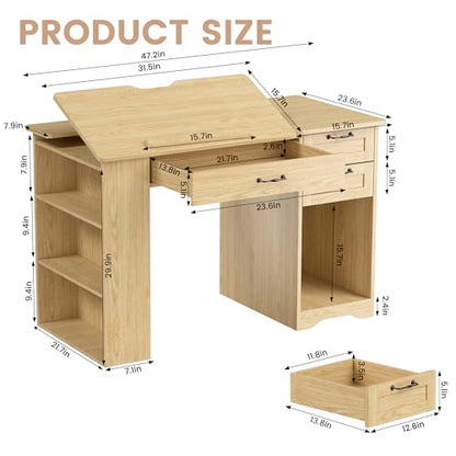 Drafting Table with Storage Cabinet & Drawers, Adjustable Drawing Table with Open Shelves, Craft Art Desk for Artists, Painters, Drawing, Crafting, Reading, Writing, Working - color: Natural Oak