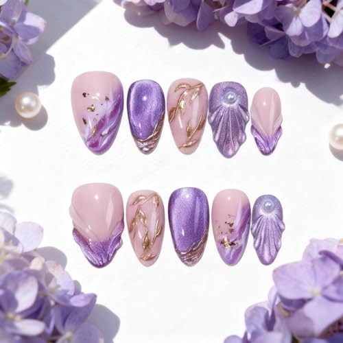 Almond Press on Nails Short Purple Fake Nail3D Charm Acrylic Nail Press ons with Gold Embossed Design Stick on Nails for Women 24pcs - color: Color11