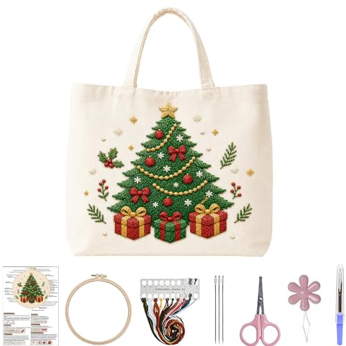 ARTopet Embroidery Tote Bag Kit for Beginners Christmas Canvas Cross Stitch Handbag with Hoops Needles Threads Reusable Grocery Bag for Women-Christmas Tree - color: Christmas Tree