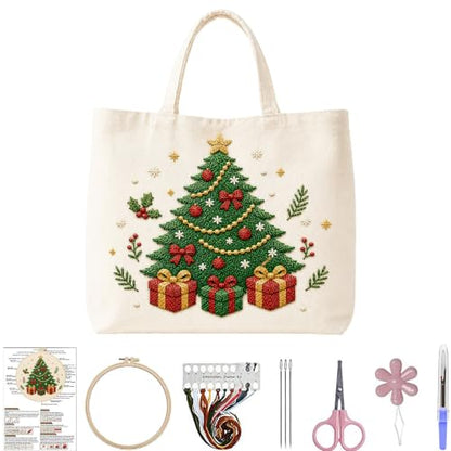 ARTopet Embroidery Tote Bag Kit for Beginners Christmas Canvas Cross Stitch Handbag with Hoops Needles Threads Reusable Grocery Bag for Women-Christmas Tree - color: Christmas Tree