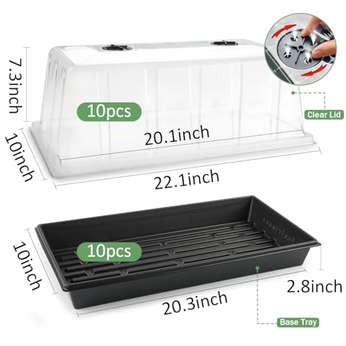1020 Seed Starting Trays with Tall 7.3" Humidity Dome, No Hole, 10-Pack - size: 10p 1020Trays+7.3''Domes
