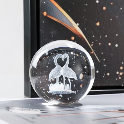 3D Engraved Heart Flamingo Crystal Ball, 2.4in 60mm Color‑Changing LED Night Light with Wooden Base, K9 Crystal Sphere, Romantic Love Gift for Her Him - color: Clear-flamingo