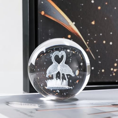 3D Engraved Heart Flamingo Crystal Ball, 2.4in 60mm Color‑Changing LED Night Light with Wooden Base, K9 Crystal Sphere, Romantic Love Gift for Her Him - color: Clear-flamingo