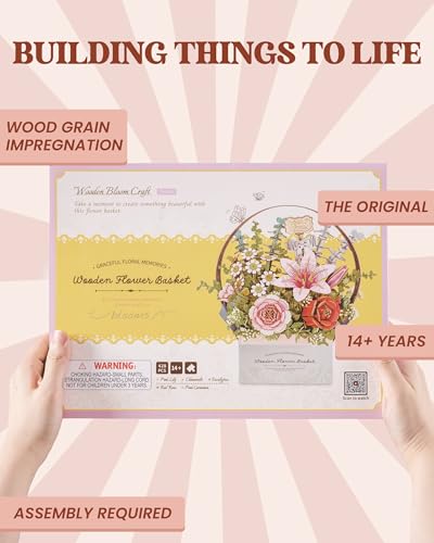 ROBOTIME 3D Wooden Puzzles for Adults, TW03H Wooden Flower Basket Craft Kit, Artificial Flowers Handheld Gift Box, Unique Gift for Birthday/Holidays/Homewarming