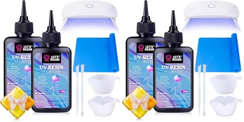 LET'S RESIN UV Resin with Light,Upgraded 200g Crystal Clear&Low Odor,UV Light,Silicone Mat,Ultraviolet Epoxy Resin Hard, Starter Kit for Jewelry,Craft Decor, Keychain Making (Pack of 2) - size: 200g+Light (Pack of 2)