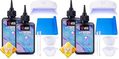 LET'S RESIN UV Resin with Light,Upgraded 200g Crystal Clear&Low Odor,UV Light,Silicone Mat,Ultraviolet Epoxy Resin Hard, Starter Kit for Jewelry,Craft Decor, Keychain Making (Pack of 2) - size: 200g+Light (Pack of 2)